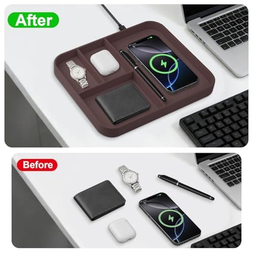 VOVIPO Faux Leather Valet Tray,with 2 in 1 Wireless Charging Compatible With iPhone/17/16/15/15 Plus/15 Pro/15 Pro Max/14/13/12/Wireless earphones,Office/Home Desk Organizers Tray-Brown — view 3