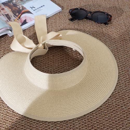 Creekstone Sun Visor Hats for Women Straw Visor Wide Brim UV Protection Packable Summer Beach Hat Ponytail Travel UPF 50+ (UK, Alpha, One Size, Beige) — view 2