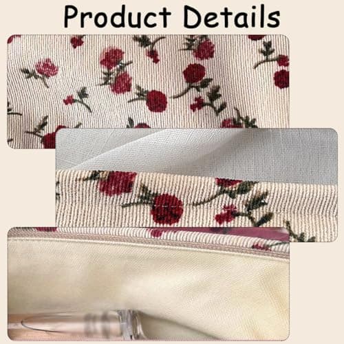 2 PCS Floral Makeup Bags Floral Cosmetic Bag Rose Flower Printing Corduroy Toiletry Bag Pink Quilted Cosmetic Pouch Makeup Organizer Cotton Portable Pouch with Metal Zipper for Women Girls — view 3