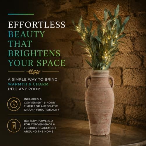 Festive Lights - 3 x 65cm Decorative Olive Leaf Branch Lights (1 Pack) with 60 Warm White LEDs - Battery Powered Indoor Foliage, Green Design, Timer Function, Clear Cable, Twig Style Vase Display — view 4