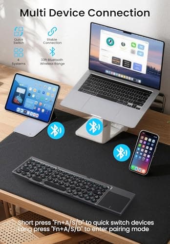SOPPY Foldable Wireless Keyboards with Touchpad and Stand, Rechargeable Portable Tri-Folding Keyboard, Mini Bluetooth Travel Keyboard for Mac, iOS, Android, Windows, Tablet, Laptop, Smartphone, Grey — view 2