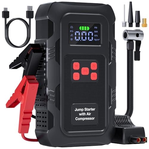 Povasee Jump Starter Power Pack with Air Compressor 150PSI, 9000A Car Jump Starter with Auto Shutoff Tyre Inflator, 12V Battery Booster (10L Gas/8L Diesel) Jump Pack with LED Light, Outport (Red)