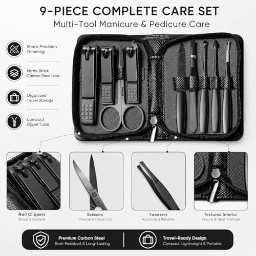9PCS Mens Nail Grooming Kit, Heavy Duty Stainless Steel Manicure Set with Fingernail & Toenail Clippers, Scissors, Tweezers, Nail File & Cuticle Tools, Compact Leather Case for Travel — view 4