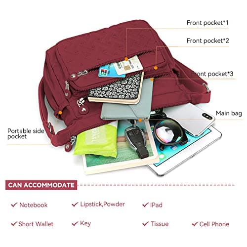 Womens Multi Pocket Casual Waterproof Crossbody Handbags Shoulder Messenger Bag for Travel Hiking Daily (Burgundy) — view 4