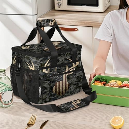 Camouflage Camo Deer American Flag Soft Cooler Bag Insulated Lunch Box for Men & Women, Large Leakproof Lunch Bag Portable Beach Cooler for Work, Picnic, Road Trips,Fishing, Travel, Camping,A-13 — view 6