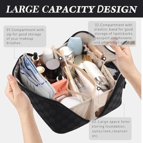 Large Capacity Makeup Bag - Women Waterproof Leather Cosmetic Bag, Portable Travel Purse Toiletry Bag Organizer, Multifunction Multi Layer Makeup Bag with Handle and Divider for Ladies Girls (Black) — view 2