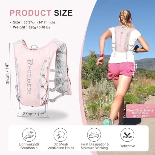 BECOJADDE Running Vest Hydration Backpack Lightweight 5L Water Pack with One 1.5L Water Bag for Men Women, Running Backpack Hydration for Marathon, Trail, Cycling, Hiking, Jogging, Pink — view 4