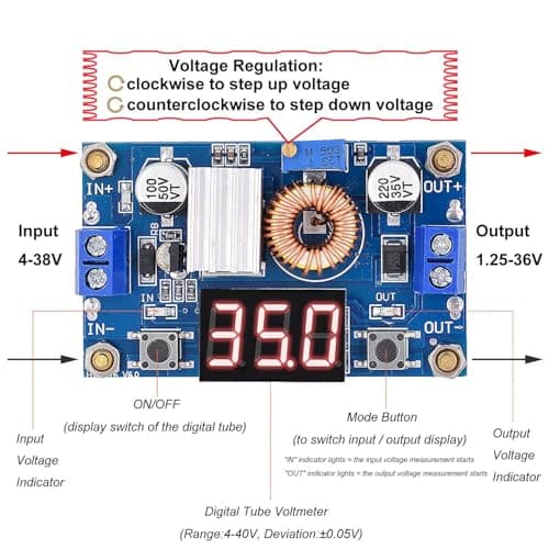 RUNCCI-YUN DC-DC 5A Buck Converter 4-38V to 1.25-36V Step-Down Voltage Regulator High Power Module with LED Display — view 3