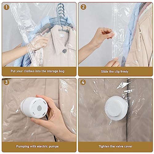 Hanging Vacuum Storage Bags, ZWMYF 4 PCS Space-saving Vacuum Bag for Clothes, Suits, Dresses, Coats or Jackets, Clear & Reusable Closet Organizer(1 Long 145x70cm & 3 Short 105x70cm) — view 5