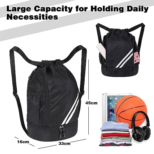 Drawstring Gym Backpack, Waterproof Sports Bag with Shoe Compartment, Large Capacity Gym Bag, Black PE Bags, Sorts Backpacks for Men Women, Durable Drawstring Backpack for Football, Swimming, Holiday — view 2
