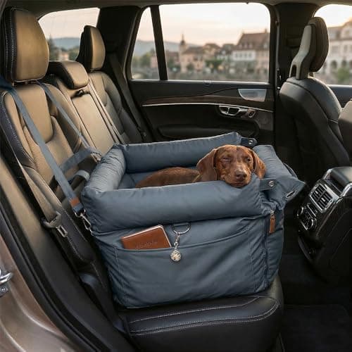YJTJP Dog Car Seat, Waterproof Faux Leather 3-in-1 Travel Dog Bed for Medium Small Dogs (Up to 20kg), Portable Booster Seat with Metal Buckles, Washable Cover & Safety Leash (Smoky Blue) — view 6
