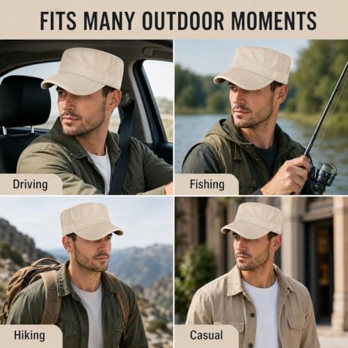 WHJYCC Men's Flat Top Cadet Cap, Light Beige, Size M, Curved Stitched Brim — view 5