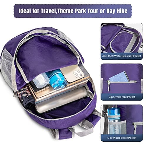 ZOMAKE Lightweight Foldable Backpack Packable Rucksack (20L/Purple) — view 3