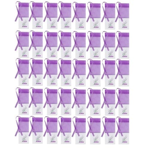Lotnery 40 Pack Lavender Bags for Moths - Purple Drawstring Organza Sachets with Ribbons | Moth Repellent Wardrobe Fresheners, DIY Dried Herb Pouches for Drawers & Travel