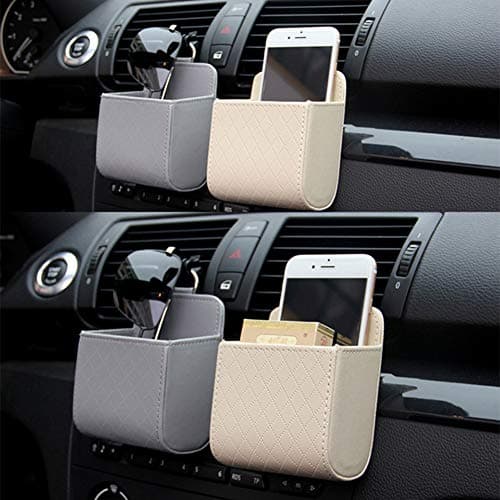Car Storage Box, Universal Car Air Vent Organiser, Multifunctional Mount Outlet Storage Box, Hanging PU Leather Container Bag for Pen, Phone, Keys, Dark Beige — view 5
