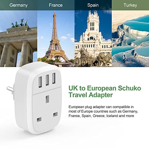 UK to European Adapter Plug,2Pack UK to EU Euro Europe Travel Adaptor with 3 USB Port, Grounded Schuko Charger for Germany France Spain Iceland Greece Poland Netherlands Portugal Austria (Type E/F — view 3