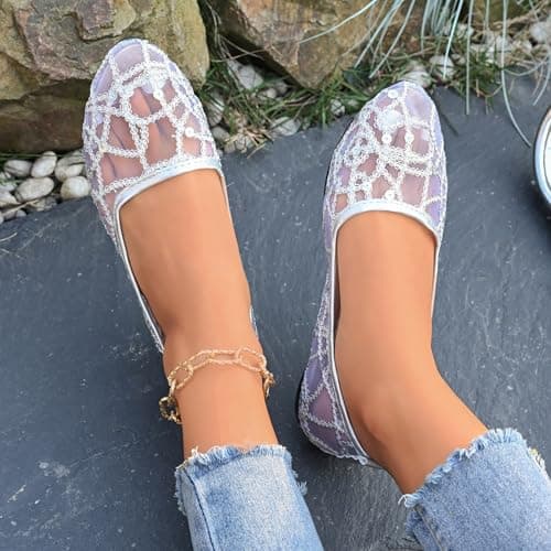 Mesh Ballet Flats for Women Pumps Orthopedic Sequins Dolly Shoes Wide Fit Round-Toe Non-Slip Breathable Summer Ladies Shoes Walking Office Holiday (Silver 6 UK/Foot Length 25cm) — view 4