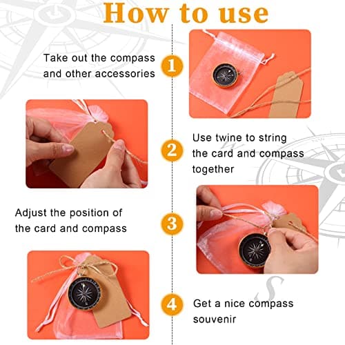 60 Pcs Compass Flashlight Wedding Favors Set Souvenir Present with Kraft Tags Tie and White Organza Bag Wedding Favors for Guests Birthday Wedding Nautical Travel Party (Compass) — view 3