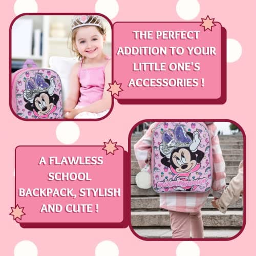 Disney Minnie Mouse Girls Backpack with Glitter Sequin Bow Kids School Toddler Nursery Lunch Bag Junior Rucksack Book Carry On with Unicorn Pom — view 3