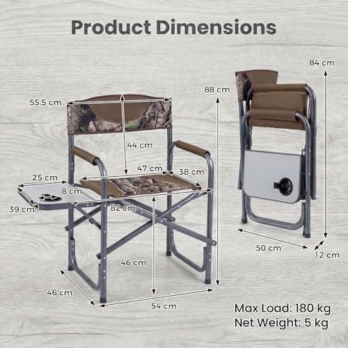TANGZON Folding Camping Chair, Portable Comfy Directors Chair with Side Table & Cup Holder, Heavy Duty Oversized Seat for Garden Fishing Beach Picnic (Camouflage, 82 x 46 x 88 cm, no Storage Pocket) — view 3