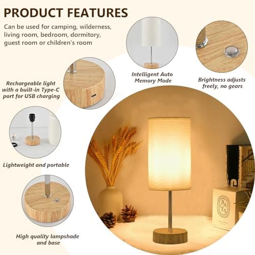 YOIZO Cordless Table Lamp 5000mAh Rechargeable | Battery Operated Lamps with Brightness Memory, Stepless Dimmable, Portable Touch Control Bedside Lamp for Home/Bedroom/Indoor-Outdoor (Wood) — view 5