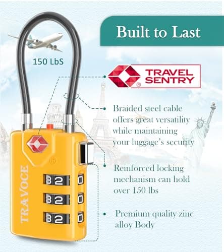 TRAVOCE TSA Approved Luggage Locks - Heavy Duty 4 Digit Combination Cable Lock with Search Alert for International Travel, Suitcases, Golf Bags, Backpacks, Camera Cases, Violin and Tents, Yellow 2 — view 6