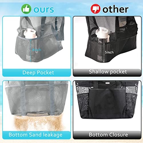 SRISE Mesh beach bag - Large beach tote bag for family beach bag for toys & vacation Essential, Grey, L, Modern — view 4