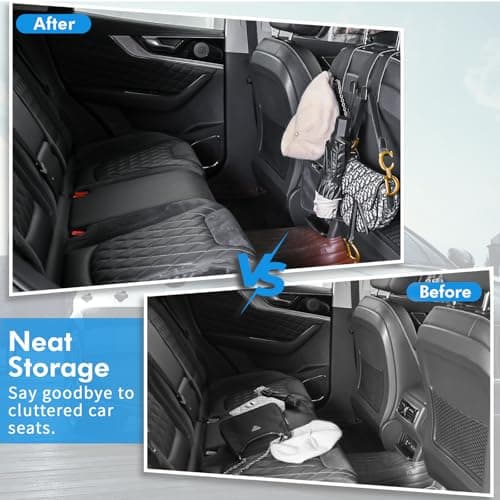 Car Hooks for Headrest, Leather Car Seat Back Storage Organizer Interior Accessories, More Wide & Deep Auto Seat Hook Hangers for Purse Umbrellas Handbag Clothes Coats Grocery Bags (Black-2 Pack) — view 6