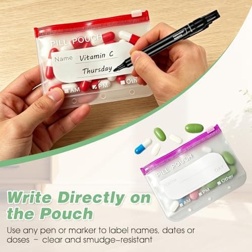 Waterproof Pill Organiser Pouch Set for Travel, 14 Removable Colour-Coded Bags Easy to Label & Refill, Storage Organizer for Medication Vitamins Fish Oils (Green) — view 4