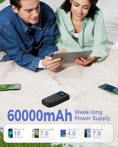 Power Bank 60000mAh PD 22.5W Fast Charge USB-C Bidirectional Charging, 4-Port External Battery Pack Compatible with Smartphones/Tablets, Portable Charger for Home/Travel — view 3