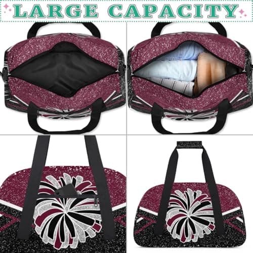 Mardesigns Cheerleading Dance Bag with Makeup Bag, Sport Gym Practice Weekender Carry On Duffel Bag & Cosmetic Bag 2 Pcs Set, Maroon Black — view 6
