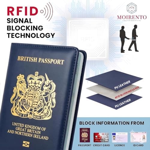 MOIRENTO UK Passport Holder Cover Wallet, RFID Blocking Leather, Navy Blue — view 4