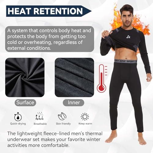 AMZSPORT Mens Thermal Base Layer Set Warm Fleece Lined Winter Underwear Breathable Long Johns Compression Long Sleeve Top & Bottom Black S — view 4