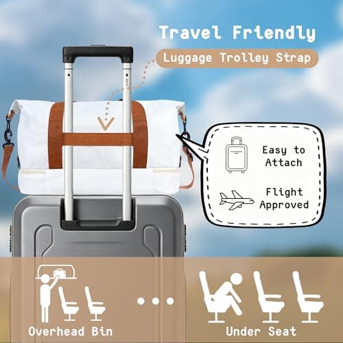Travel Duffel Bag, Foldable Waterproof Overnight Holdall Bag, Carry On Luggage Weekend Bag with Wet and Dry Separation, Hospital Sports Gym Tote for Women and Men (White) — view 4