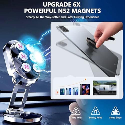 Leeneen Magnetic Phone Holder for Car,Foldable Ultra Strong Magnetic Suction Car Phone Mount with2Metal Plates.360Rotation Universal Adjustable Smartphone Dash Mount for All Phones&Tablets (Black) — view 6