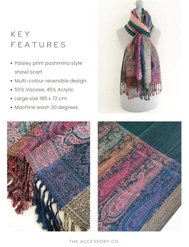 Women Pashmina Scarf Shawl Wrap - Large Long Paisley Floral Rainbow Ladies Scarves, Wearable Blanket Scarf, Womens Winter Scarfs, Indian Shawl Wedding Evening Stole, Head Scarf (Turquoise Teal) — view 4