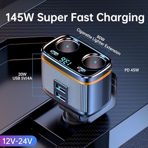 USB C Car Charger Adapter, 145W Super Fast Cigarette Lighter USB Charger Adapter with LED Voltmeter Car Phone Chargers For iPhone Samsung & More — view 2