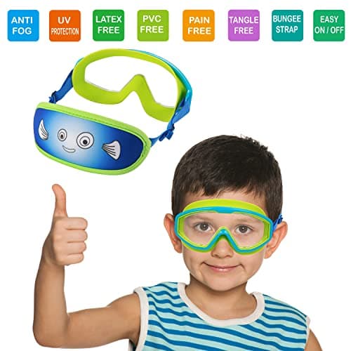 RUIGAO Kids Swim Goggles Age 4-12, Toddler Goggles No Tangle, Child Swimming Mask/Bungee Strap/Soft Band (1PK - Blue Fish) — view 2
