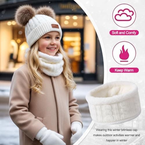 kids Hat Scarf Gloves Set, Knit Thick Warm Three-Piece Sets, Thermal Knitted Beanie Hat Snood Neck Warmer Mitten, Winter Warm Set Essential for Children （White） — view 4
