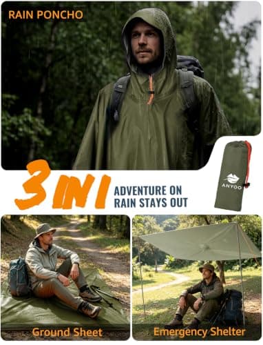 Anyoo Waterproof Rain Poncho weight Reusable Hiking Rain Coat Jacket with Hood for Boys Men Women Adults, 1 Army Green, — view 6