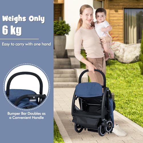 COSTWAY Baby Pushchair, One Hand Foldable Toddler Stroller with Adjustable Backrest & Canopy, 5-Point Harness, Storage Basket, Lightweight Travel Pram for Infants 0-36 Months (Navy) — view 3