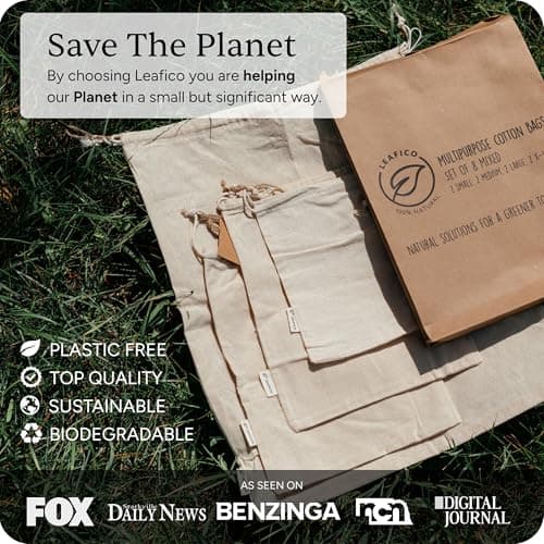 Leafico Cotton Storage Bags with Drawstrings - X-Large 36x43 cm 6 Pcs - Multipurpose Canvas Fabric Bread Bags for Bulk Food Produce, Potatoes, Onions, Shoes — view 6