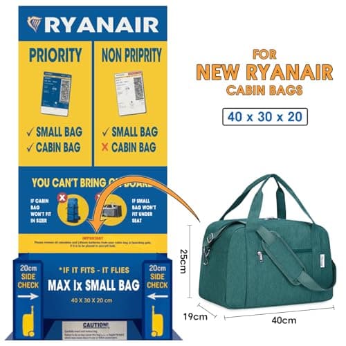 for Ryanair Cabin Bags 40x30x20 Underseat New Ryanair Travel Duffel Hospital Bag Ryan Air Carry on Luggage Holdall Overnight Weekend Bags for Women and Men 20L (Teal) — view 3