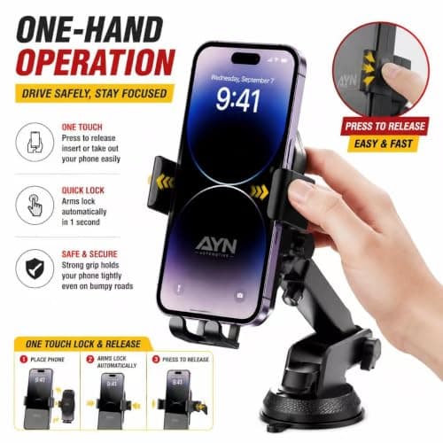 AYN Car Phone Holder, Dashboard & Windscreen Suction Mount with Telescopic Arm, 360° Rotation, One-Hand Operation, Fits 4.7–7.2-Inch Smartphones + 3-in-1 Charging Cable (Black) — view 4