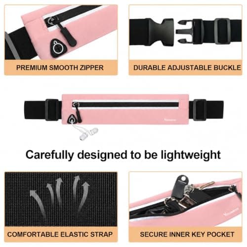 Running Belt for Men & Women, Slim Bum Bag & Running Phone Holder, No Bounce Waist Pack, Water Resistant Reflective Running Pouch, Adjustable Fitness Belt Fits All Smartphones(Pink) — view 5