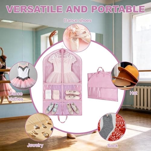 Pink Dance Costume Bag 60x100cm, Foldable Dress Bag with Zipper Pockets, Costume Garment Bags for Dancers, Travel Suit Cover for Dancers & Competitions — view 5