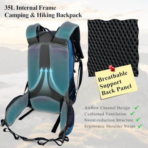 Hiking Backpack 35L, Waterproof Travel Rucksack with Shoe Compartment, Blue — view 5