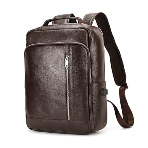 LUUFAN Genuine Leather Backpack Men Casual Daypack Vintage 15.6 Inch Laptop Rucksack Business Slim Travel Outdoor Shoulder Bag with Trolley Sleeve (Coffee)