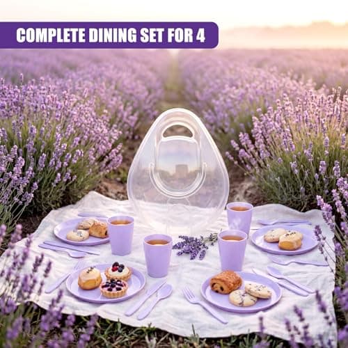 GEEZY 21 Piece Picnic Set - Reusable Purple Camping Dinner Set for 4 with Plates, Cups, Cutlery & Storage Box - Dishwasher Safe & Portable Outdoor BBQ, Party & Kids Tableware — view 3