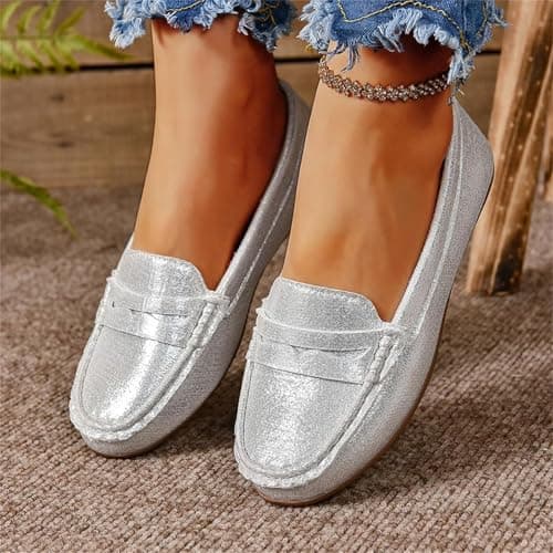 Leather Penny Loafers for Women Slip‑On Flats Pumps Moccasin (Silver 4 UK) — view 6